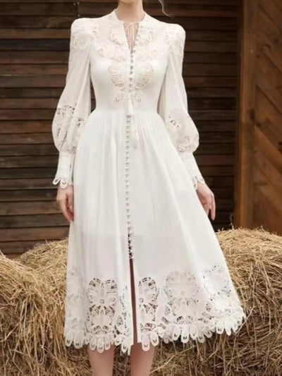 [EWQ] Beautiful White Lace Up Embroidery Hollow Out Lantern Sleeves Women's Long Dress Ladies Vestidos 2024 Spring Autumn 3A6724