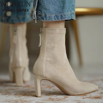 High Heel Boots Women's 2023 New Korean Style Autumn and Winter Mid Heel Stretch Thin Boots Pointed Toe Sock Boots Women