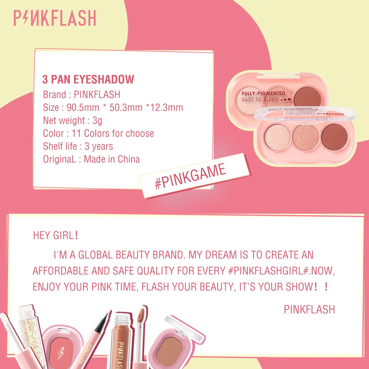PINKFLASH 3 Colors Glitter Eyeshadow Palette Waterproof Long-lasting Non-cakey High Pigment Eye Shadow Powder Makeup Cosmetics