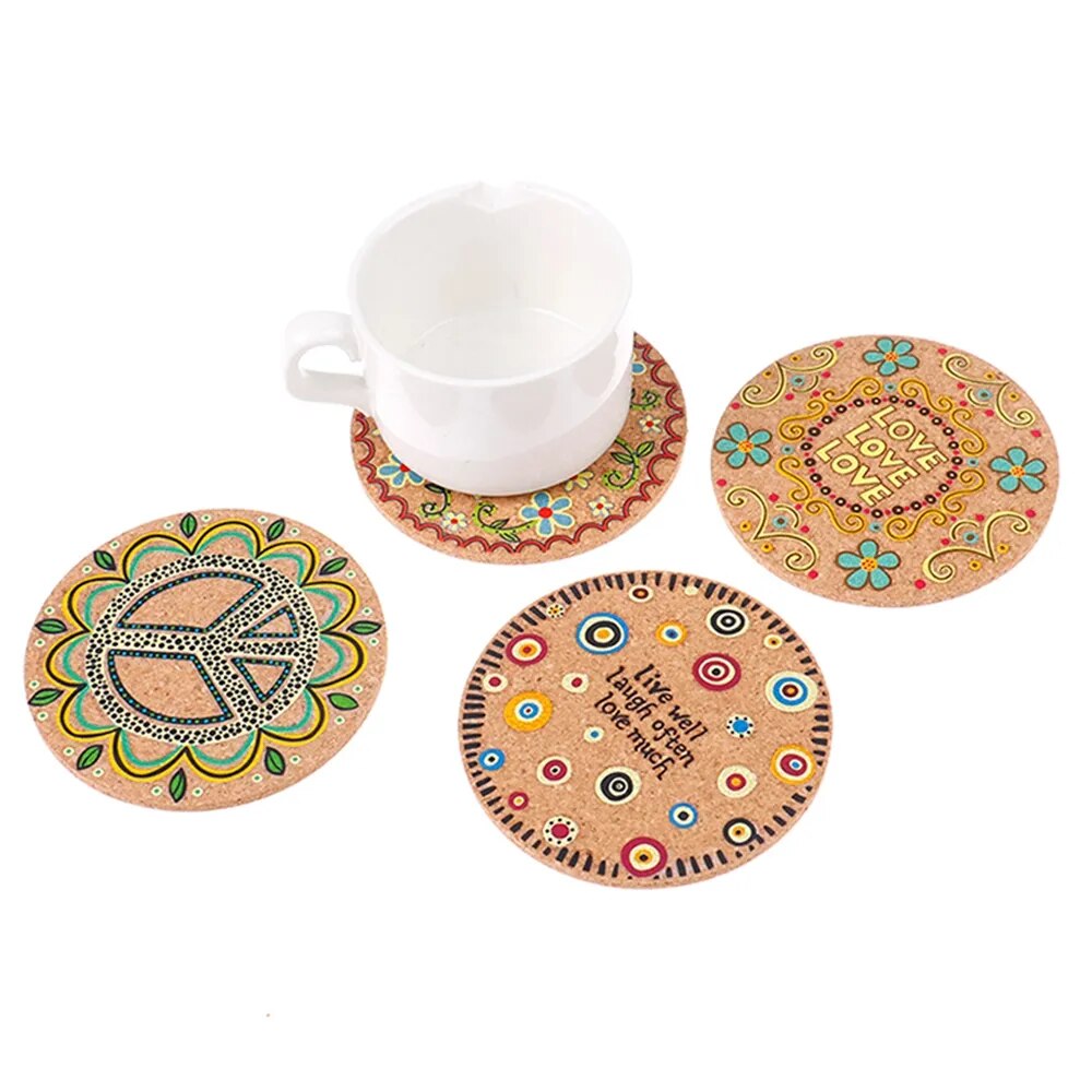 4pcs/set Printed Cork Coaster Round Cup Mat Tea Coffee Mug Drinks Holder Natural Wooden Table Mat Kitchen Tableware Placemat