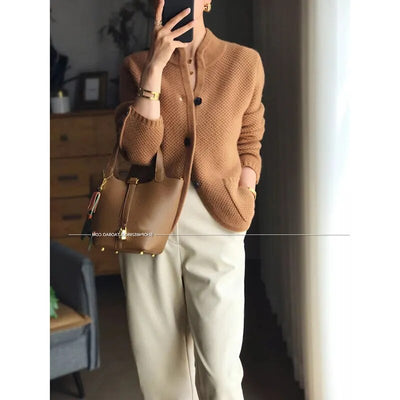 Autumn winter new thickened 100% pure cashmere cardigan women stand neck sweater sweater loose knit base sweater jacket