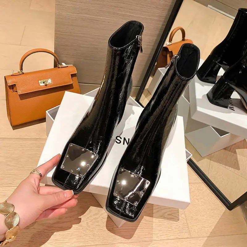 Modern Boots Thick Heel Square Toe Waterproof Non-slip Inner Zipper Autumn and Winter Fashion Shoes for Women 2023 New