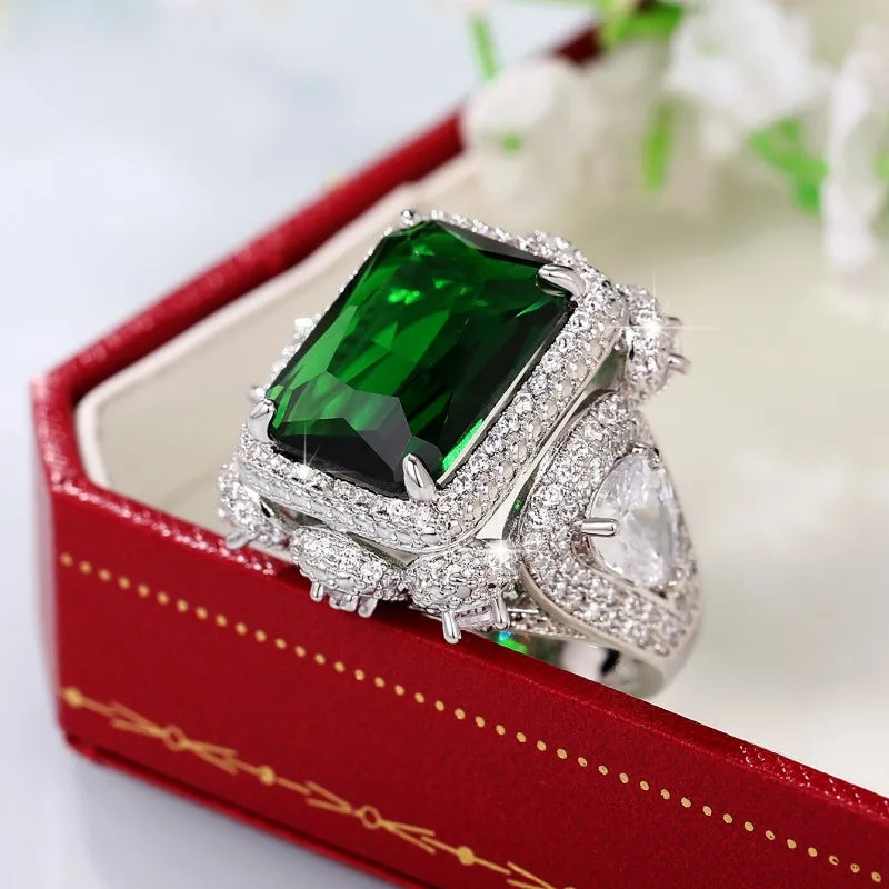 Huitan Hyperbole Square Green Cubic Zirconia Rings Women Wedding Anniversary Party Gorgeous Lady's Special-interested Jewelry