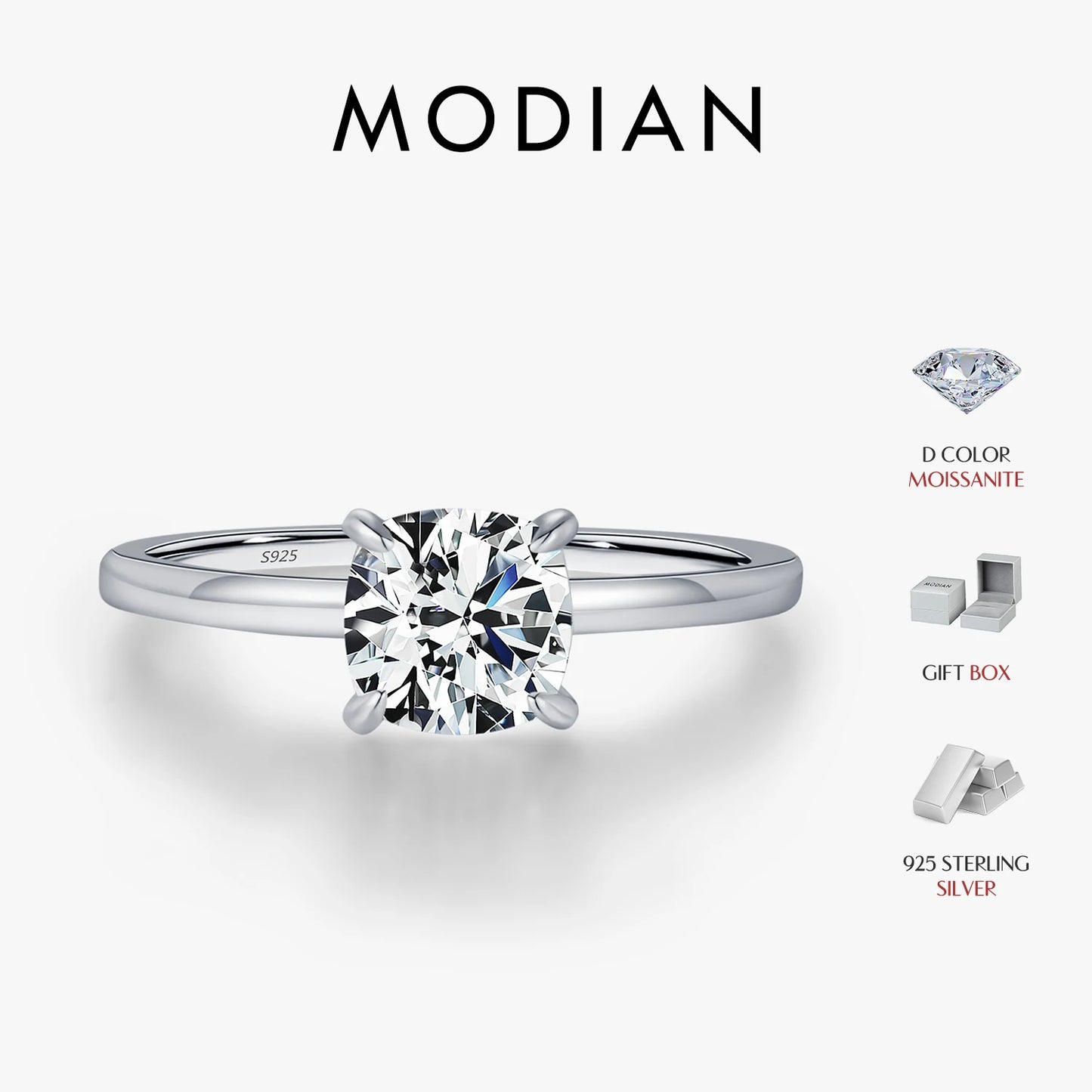 MODIAN 1CT Moissanite Ring Delicate Square Cushion Cut Lab Diamond Ring 925 Sterling Silver Wedding Statement Jewelry For Women