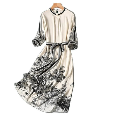 Apricot Striped Print Chiffon Vintage Lace Up Long Sleeve A-Line Women's Dress Korean Fashion Mid-Calf Dresses For Women 2023