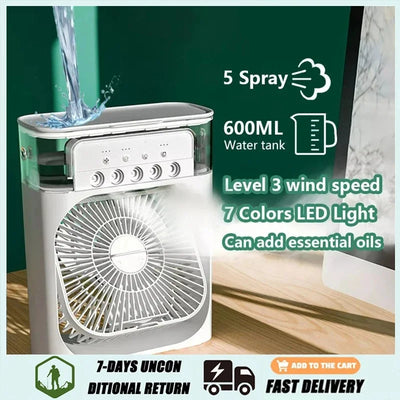 Portable air conditioning fan mini evaporative air cooler with 7 color LED lights 1/2/3 hour timer 3 wind speeds and 3 spray mod