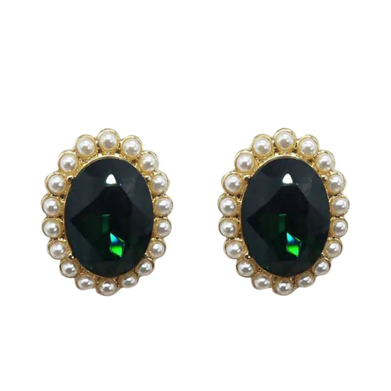 Classic Green Rhinestone Pearl Necklace Earrings For Women Lady Vintage Luxury Jewelry Wedding Party Pendant Collar Chokers