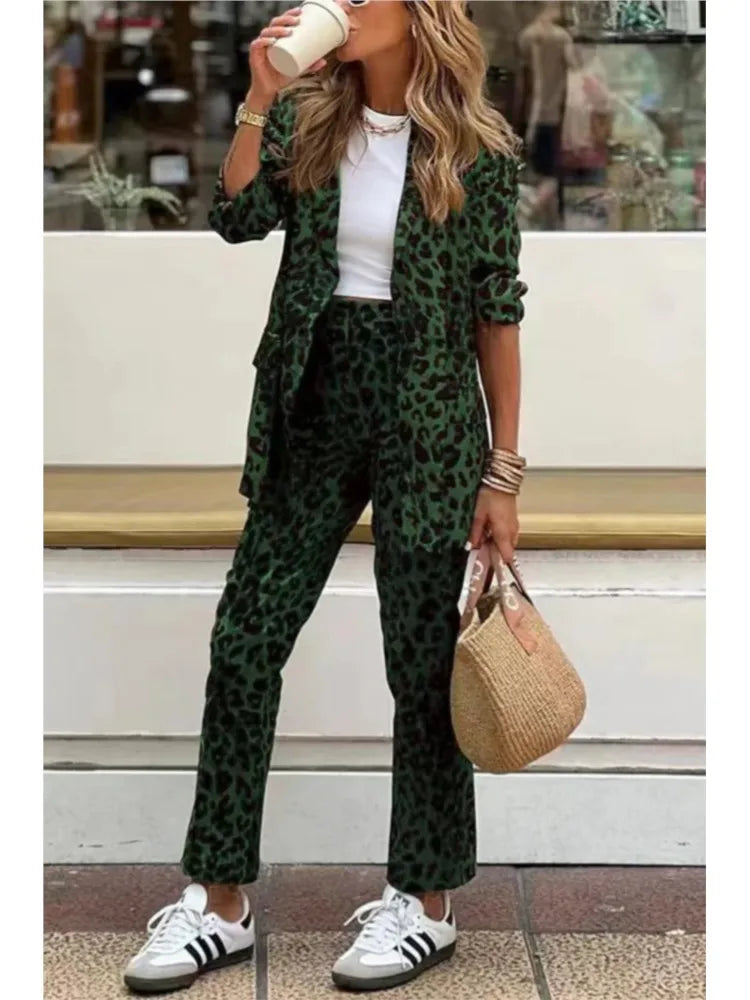 2025 New Leopard Print Two Piece Fashion Long Sleeve Lapel Collar Blazer Tops&Straight Pants Sets Women Slim Autumn Winter Suit