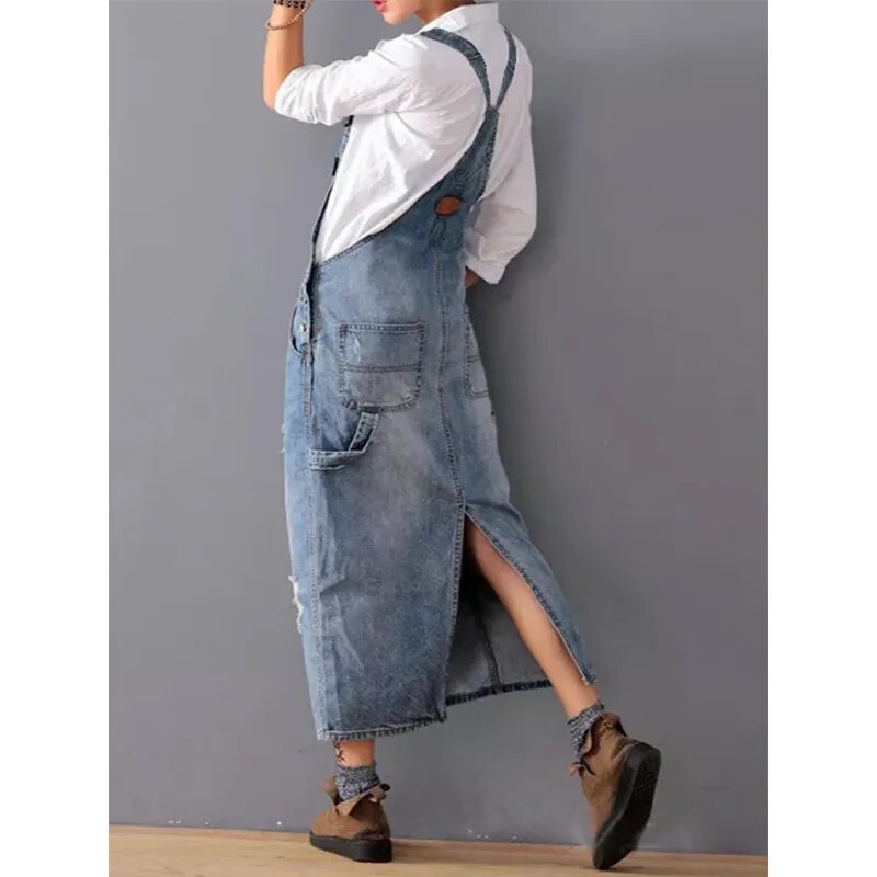 Women Denim Dresses Suspender Sleeveless Strap Straight Long Skirts Summer Loose Jumpsuit Overalls Jeans Dresses 2023 Vestidos