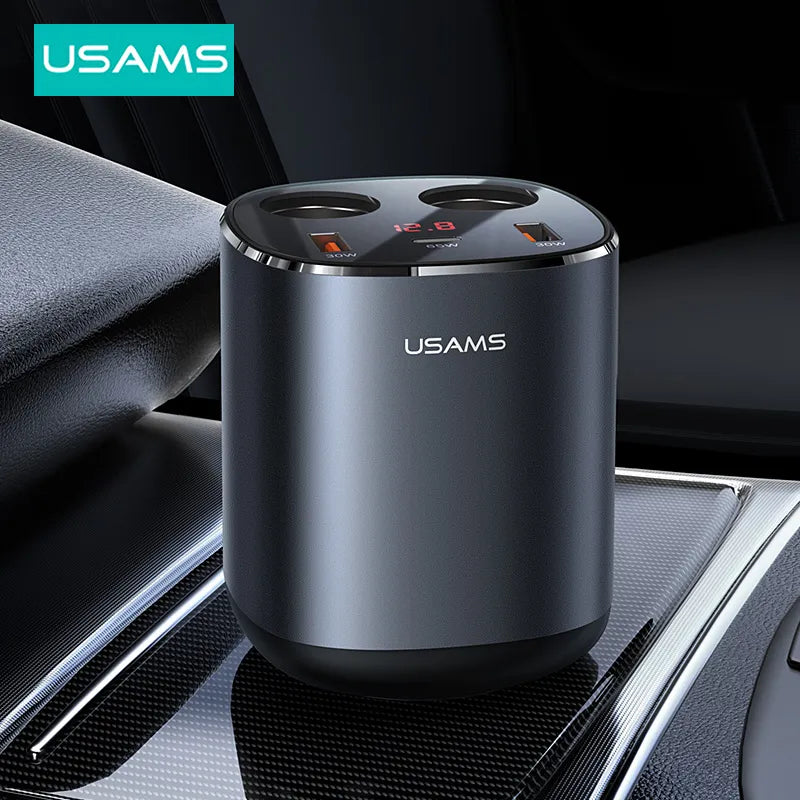 USAMS C28 Digital Display 245W Car Charger USB Type C 3 Ports And Dual Cigarette PD QC Fast Charging For iPhone Xiaomi Huawei