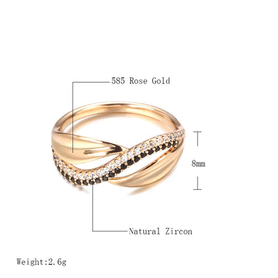 Geometric Twist Double Black White Zircon Women Rings 585 Gold Color Gothic Simple Jewelry Party Daily Wear Vintage Style Rings