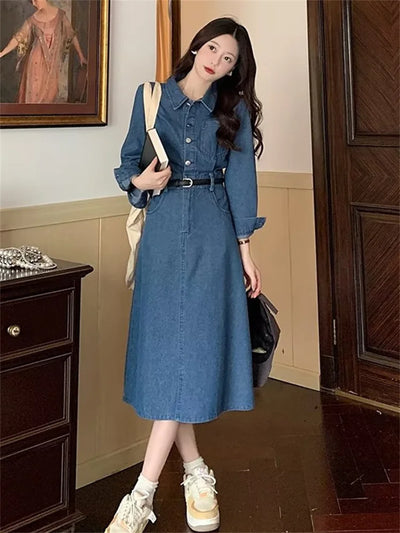 Denim Dresses Women Long Sleeve Vestidos Vintage O-neck Lapel Single Dress Autumn Winter Plus Size Frock Aesthetic Clothing