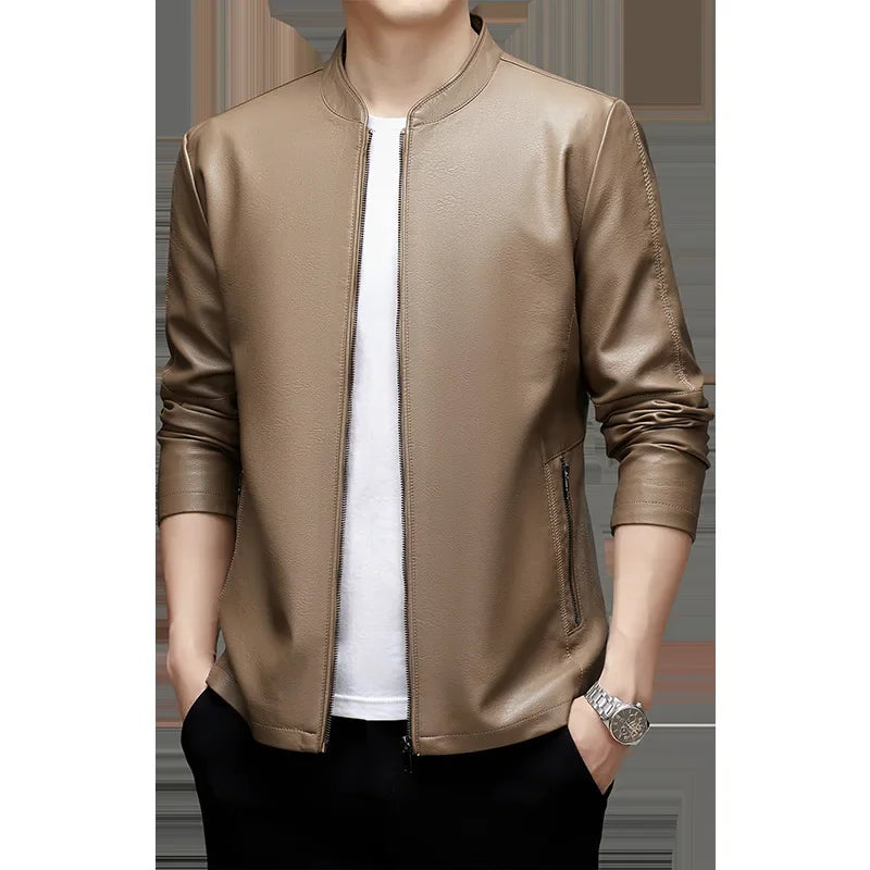 2024 New Men's Faux Leather Jacket Slim Fit Casual Simple Stand Collar Autumn/winter Thin Version Smooths Your Silhouette