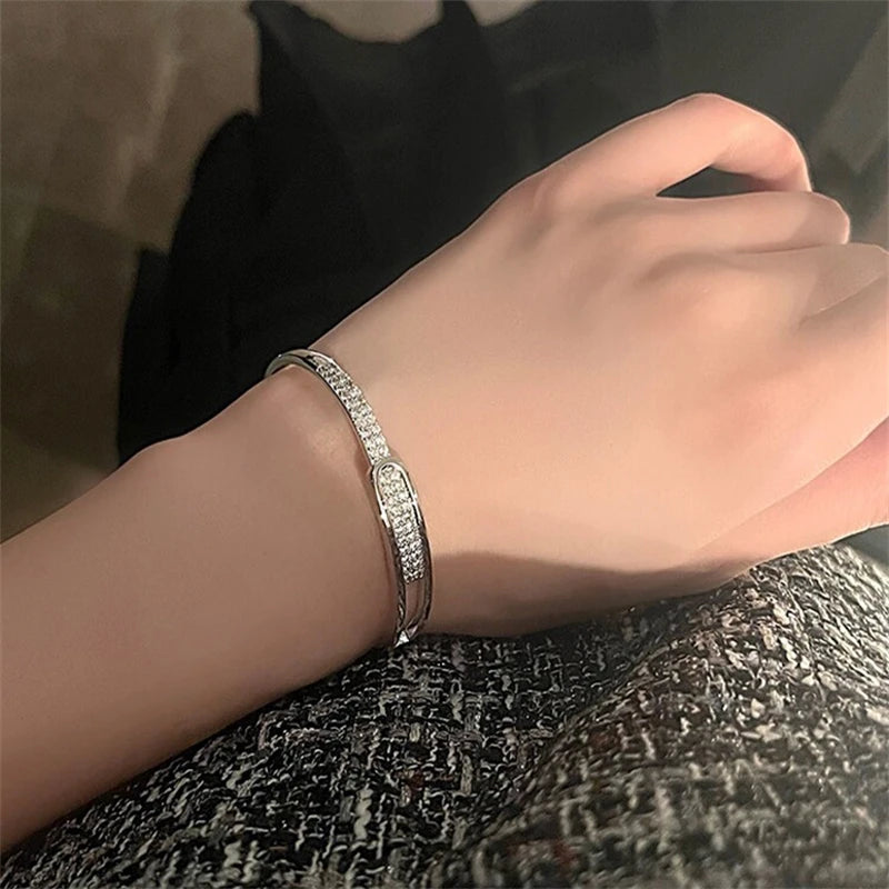 Silver Plated Micro Zircon Open Bangle For Women 2023 Korean Simple Design Hollow Versatile Bracelet Wedding Jewelry Party Gift