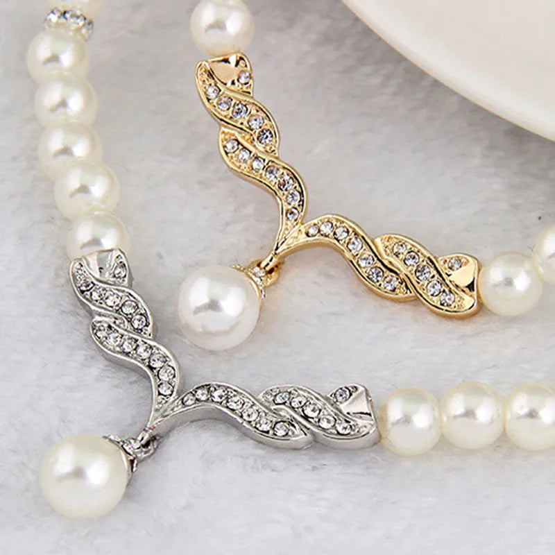 Women's 2 Piece Jewelry Sets One Gold Color Necklace + 1 Pair Earrings Wedding Bridal Pearl Elegant Decoration Pendientes Gifts