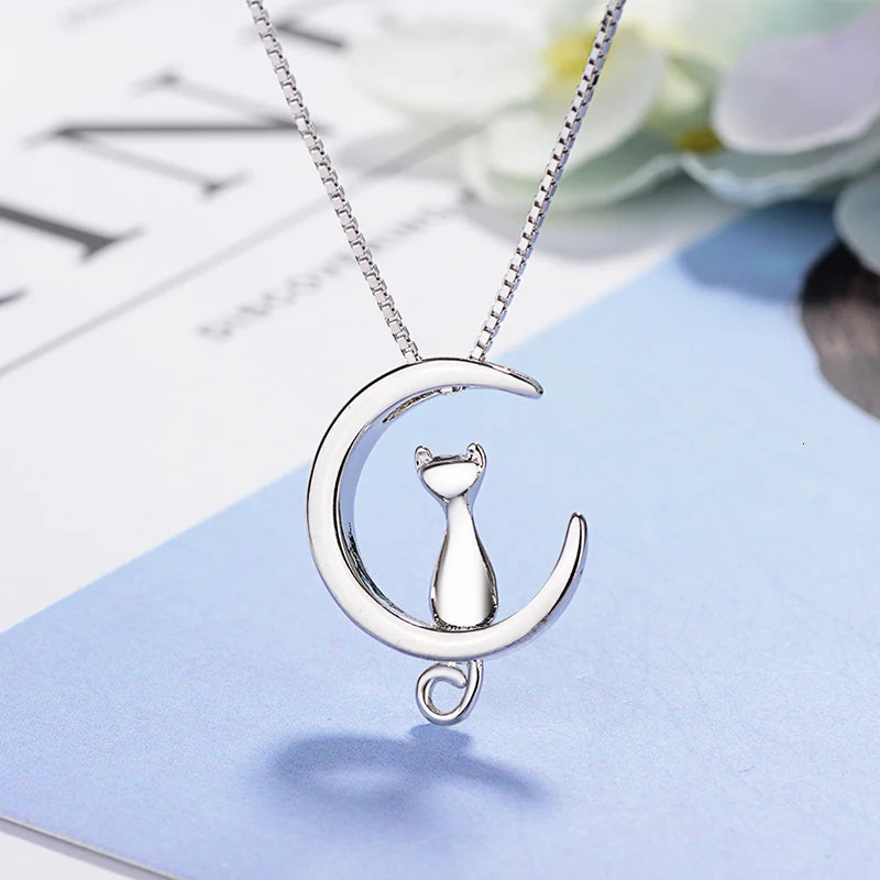 925 Sterling Silver Necklace For Women Moon Kitten Cat Necklaces & Pendants Link Chain Kolye S-n187