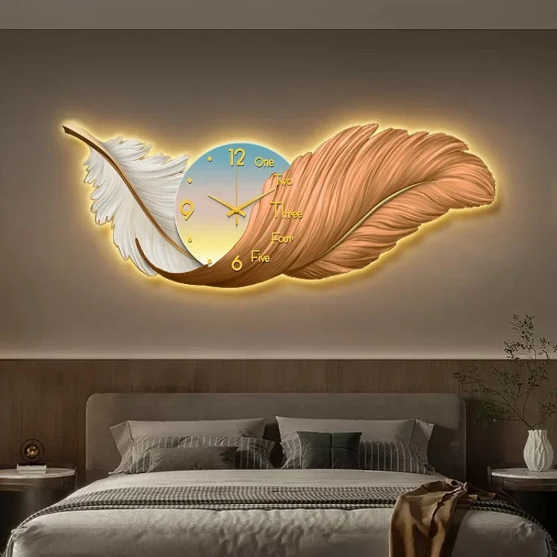 LED Wall Clock Light Luxury Large Art Clocks Living Room Decor Painting Wall Watch Feather Silent Clock Renoj Home Decoration