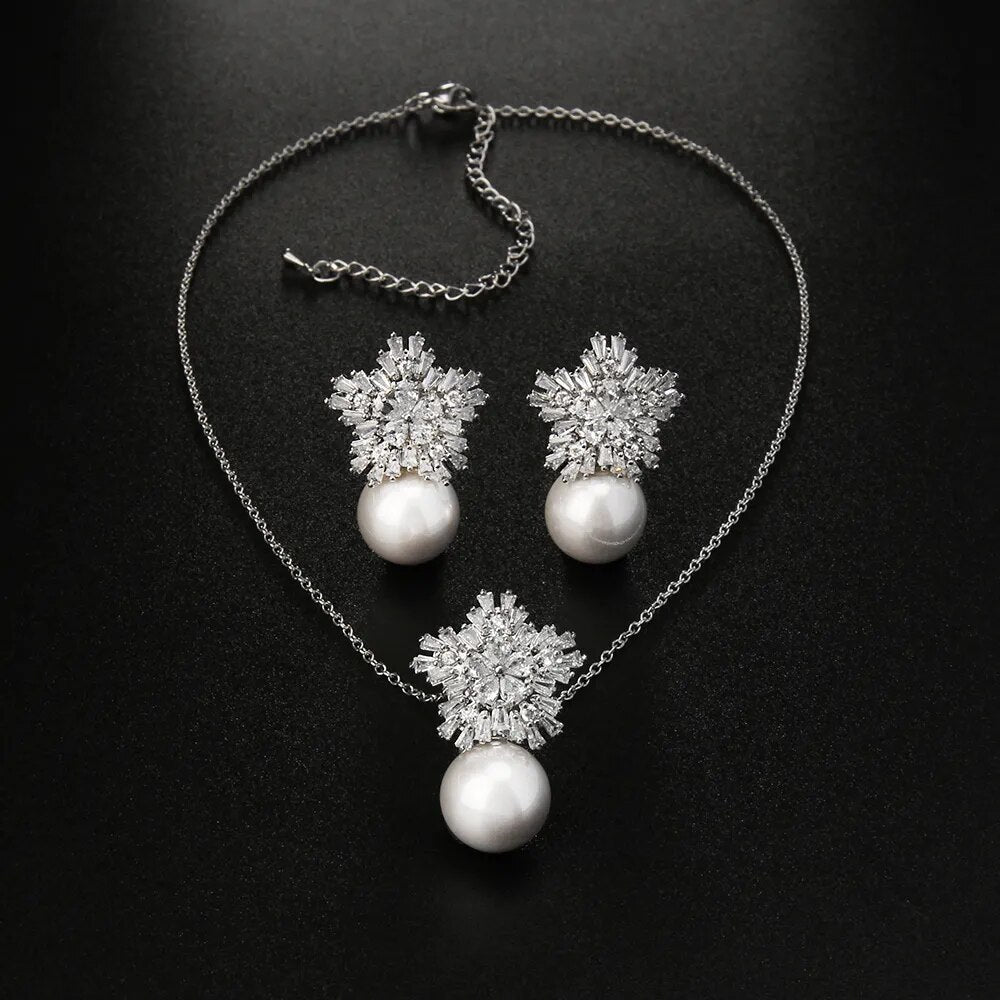 SUGO Classic Fashion Snowflake Zircon with Pearl Earrings Necklaces Jewelry Sets for Elegant Women Dinner Accessories