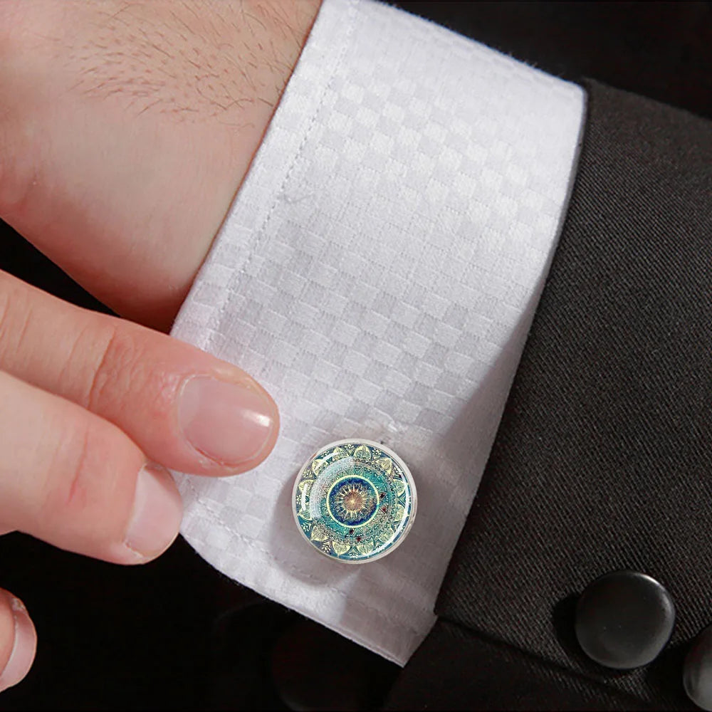 Mandala Cufflinks for Mens Luxury Datura Flower of Life Glass Dome Shirt Cuff Links Meditation Jewelry for Men Accessories Gift