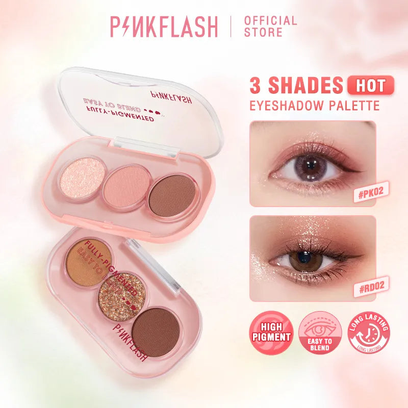 PINKFLASH 3 Colors Glitter Eyeshadow Palette Waterproof Long-lasting Non-cakey High Pigment Eye Shadow Powder Makeup Cosmetics