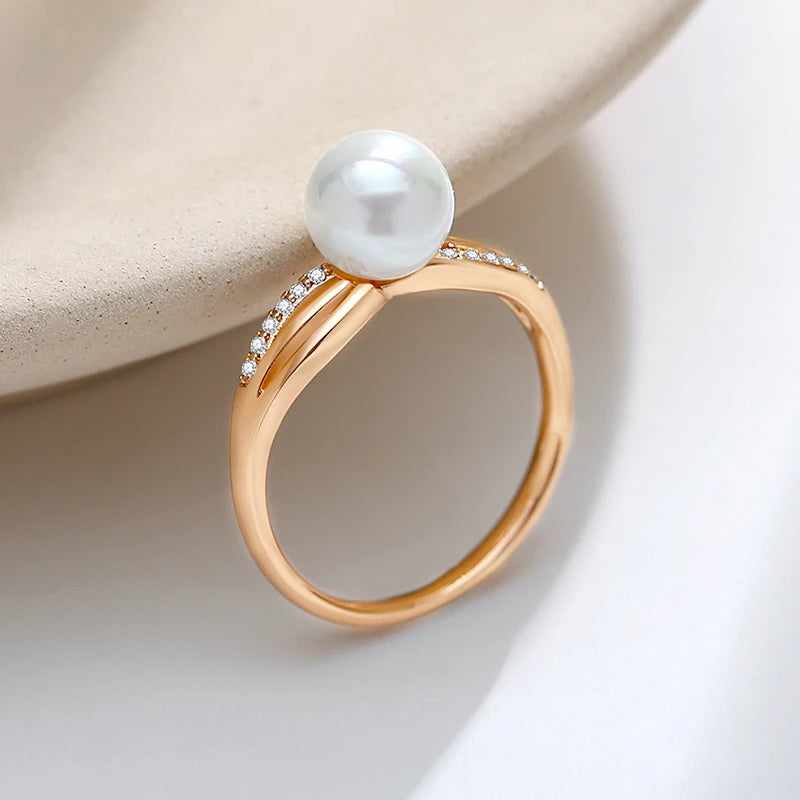 SYOUJYO Luxury Big Pearl Natural Zircon Ring For Women 585 Rose Gold Color Fine Jewelry Gift Original Design