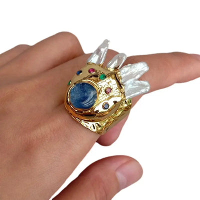 Y·YING White Biwa Pearl Blue Kyanite Gold Plated Finger Rings Adjustable Ring Designer Jewelry