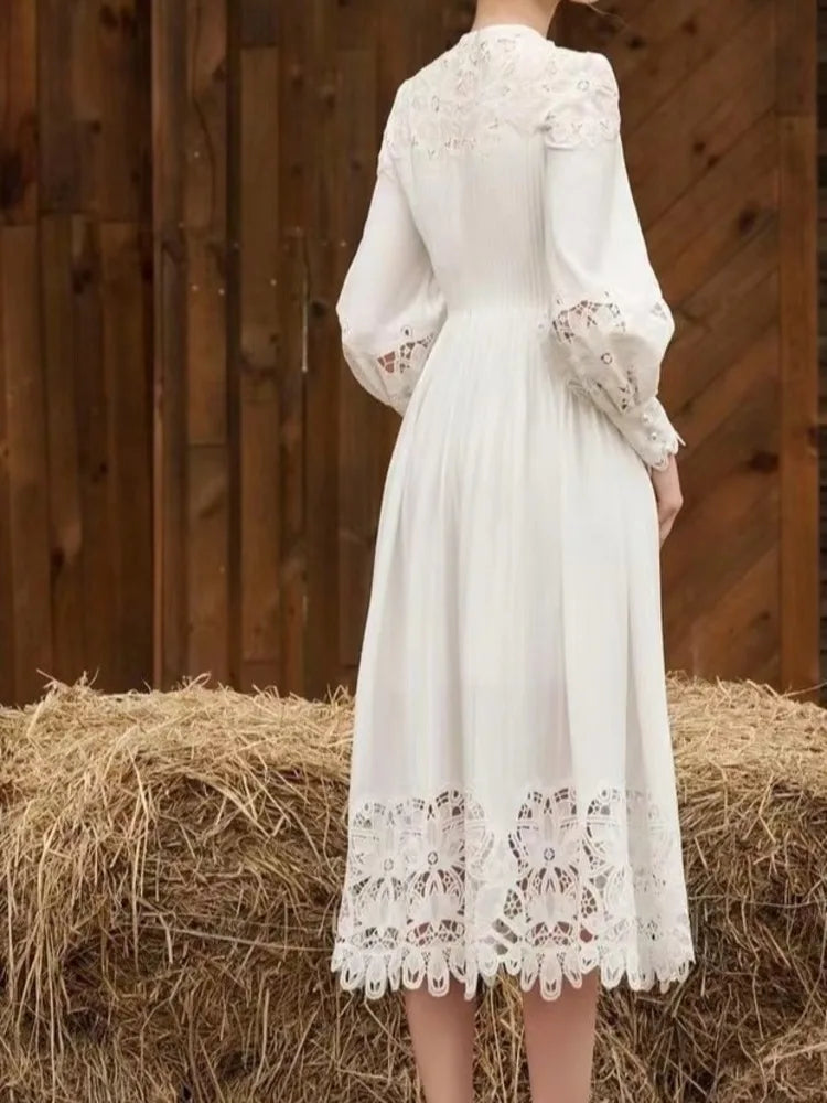 [EWQ] Beautiful White Lace Up Embroidery Hollow Out Lantern Sleeves Women's Long Dress Ladies Vestidos 2024 Spring Autumn 3A6724