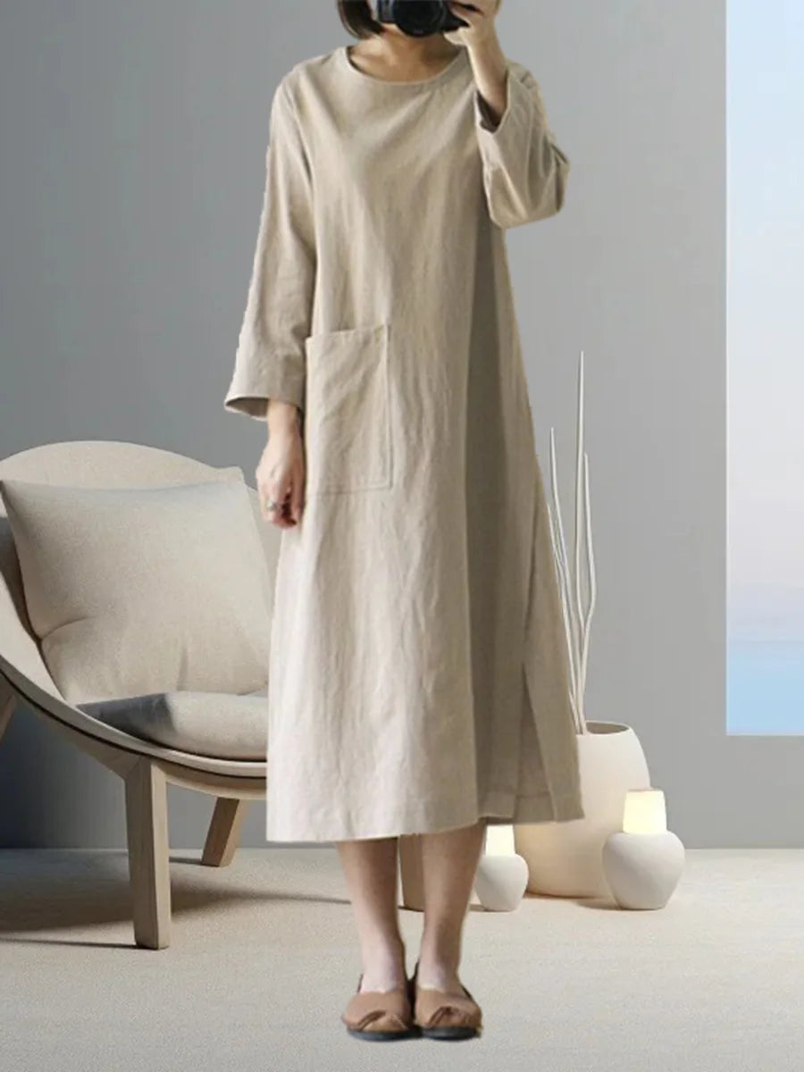 Women Dresses One Piece Set Cotton Linen Frock Thin Long Sleeved Medium Length Straight Tube Dress Loose Casual Outfits 2024