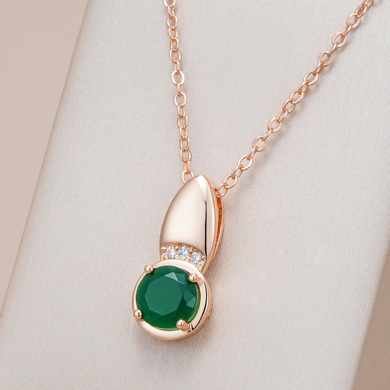 Kinel Hot Round Emerald Pendant Necklace Women 585 Rose Gold Color Natural Zircon Accessories High Quality Daily Fine Jewelry