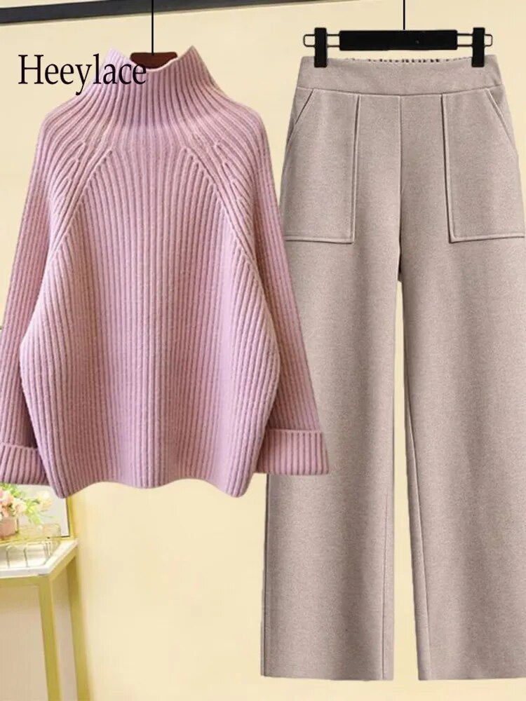 Fall Winter Warm Two Piece Sets Womens Outfit Office Ladies Elegant Turtleneck Knitted Loose Sweater And Woolen Pants Sets 4XL