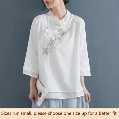 Cotton Linen Short Sleeve Shirt Women Summer Artistic Belly Cover Casual Seven-point Sleeve Head Round Neck T-shirt