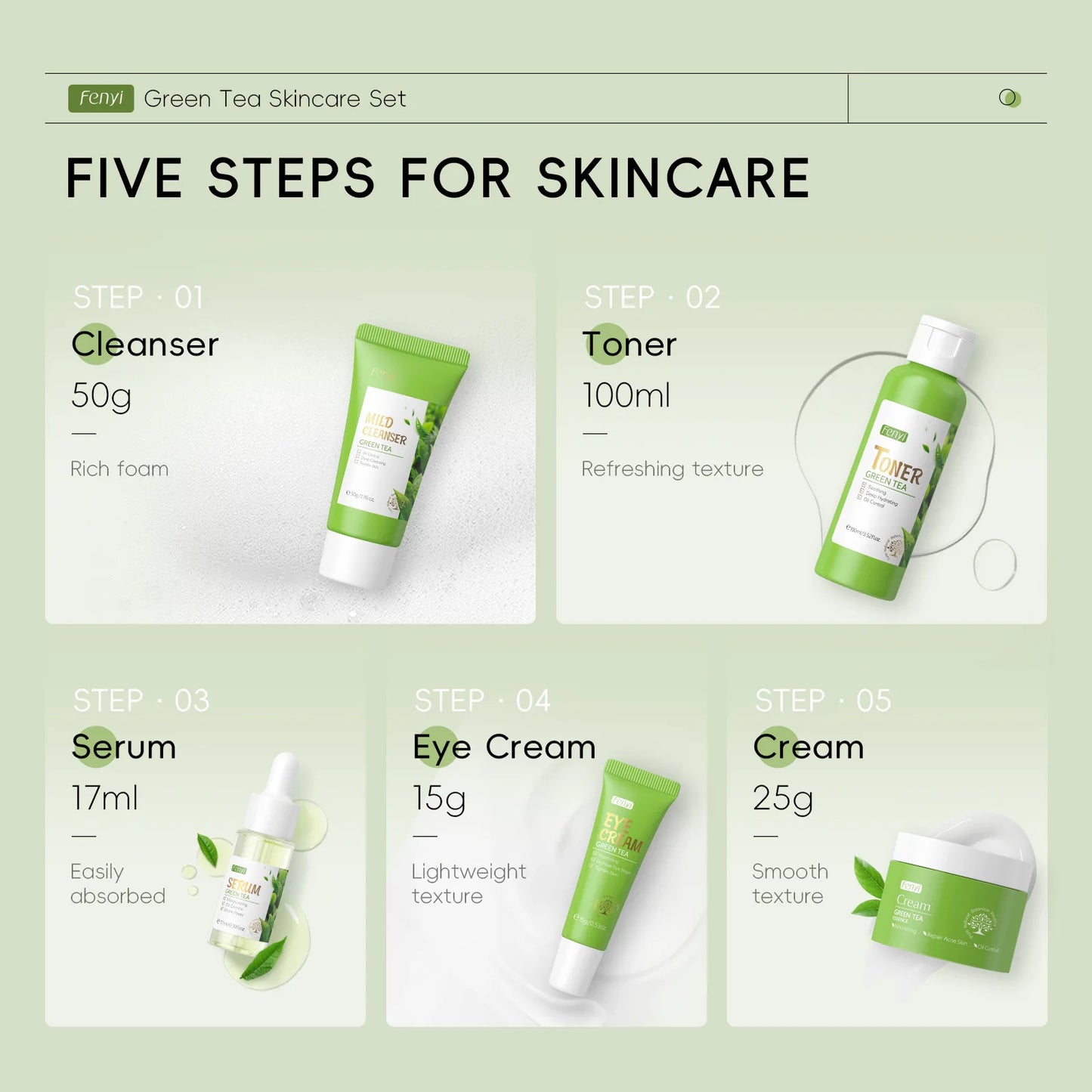 5pcs/box Skin Care Set Green Tea Facial Cleaner Soothes Skin Face Toner tea Serum Moisturizing Cream Repairing Eye Cream Kits