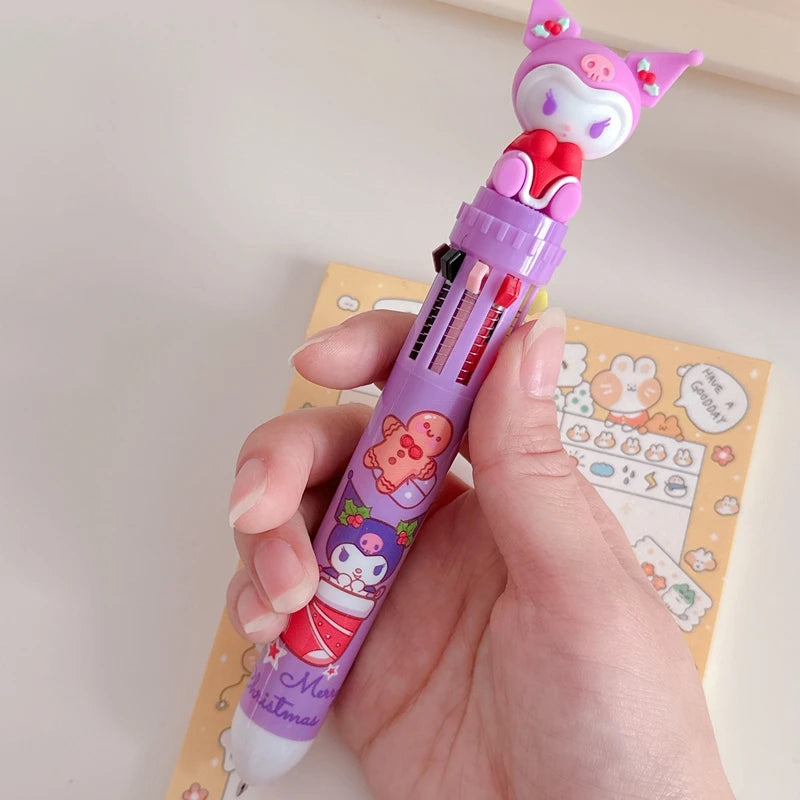 Sanrio Christmas Cute Ten-color Ballpoint Pens with Kuromi Kitty Melody Cap Students' 10-color Handbook Pens Christmas Gifts