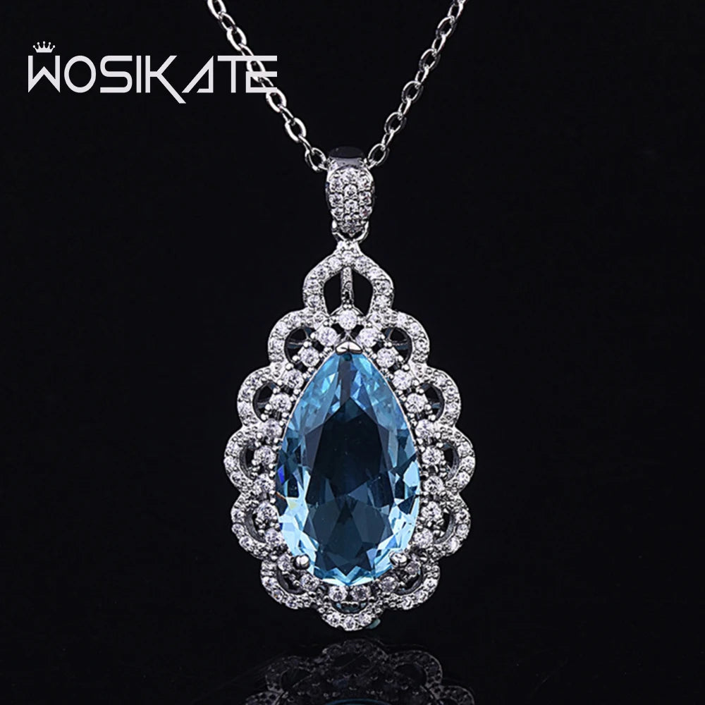 WOSIKATE Luxury Inlaid Navy Blue Topaz Water Drop Pendant Necklace For Women 925 Sterling Silver Fashion Chain Necklace Jewelry