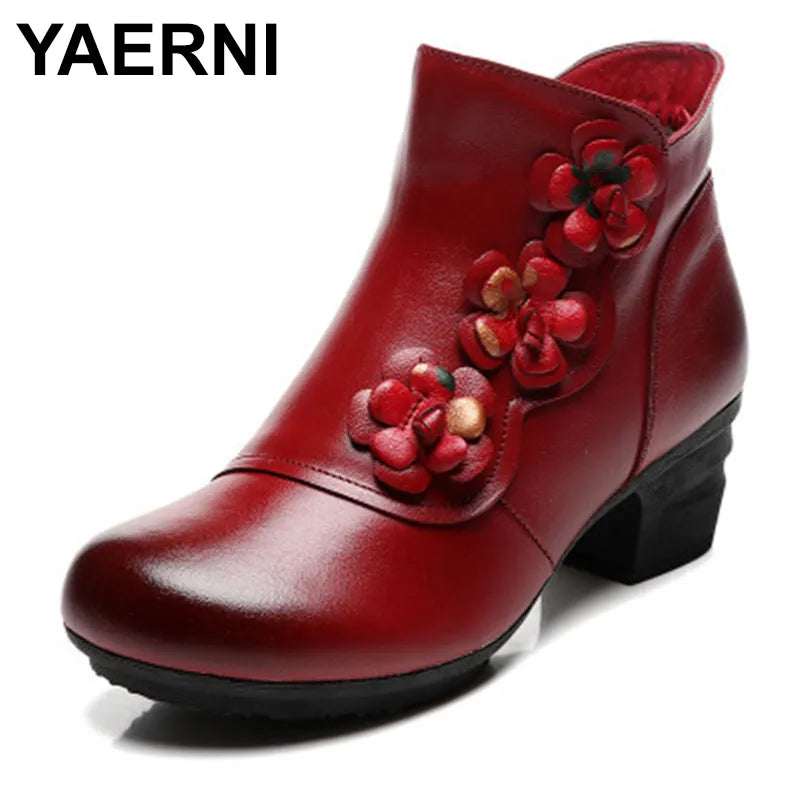 YAERNI Autumn Winter Shoes Woman Cow Leather Flower Shoes Comfort Med Heel Ankle Boots Genuine Leather Fashion Shoes women