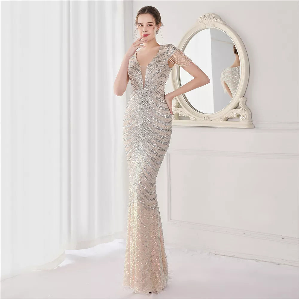 DEERVEADO Elegant V Neck Mermaid Evening Dress Long Luxury Beads Women Evening Party Dresses 2023 New Formal Dress 19085