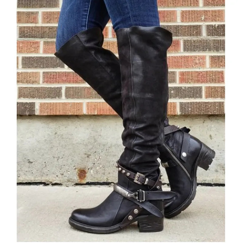 Women Winter Leather Punk style knee boots Vintage stud zip Women's boots with belt buckle Plus Size shoes