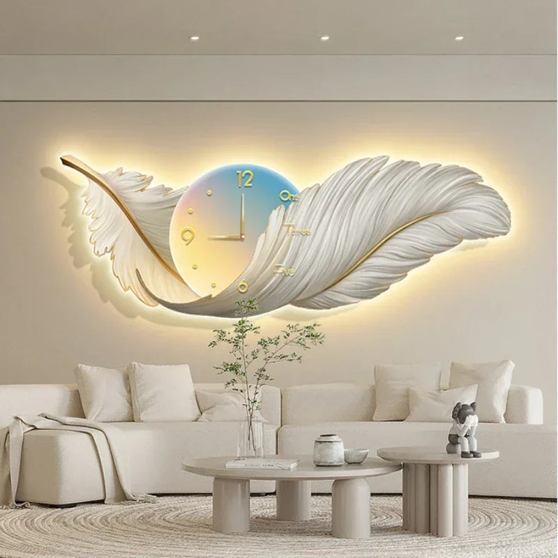 LED Wall Clock Light Luxury Large Art Clocks Living Room Decor Painting Wall Watch Feather Silent Clock Renoj Home Decoration