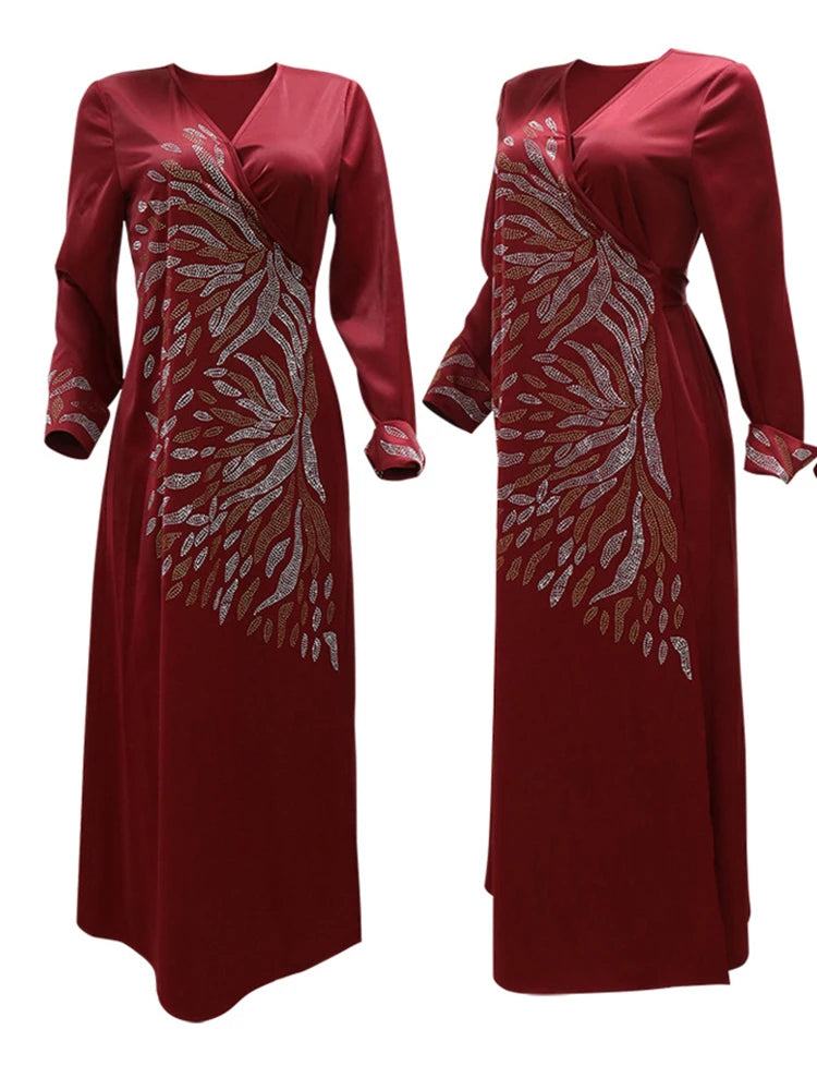 Autumn Muslim Dress for Women Satin Diaomnd Jalabiya Abaya Ramadan Long Dresses Woman Lace-up Robe Moroccan Caftan Vestidos 2023