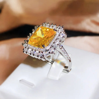 925 Silver Hot Sale Women's Ring Yellow Square Zircon Platinum-plated PROM Party Jewelry Party Birthday Gift