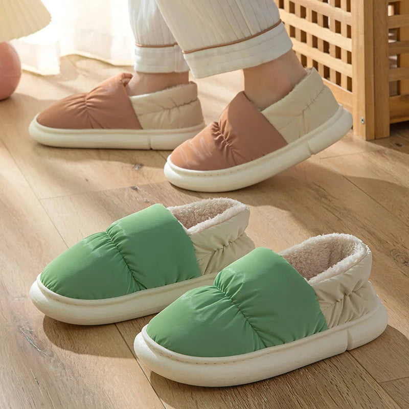 Velvet Fabric Cotton Slippers Women Couple Home Use Flocking Winter Warm Indoor Thick Bottom Outdoor Wear Thick Heel Shoes Men