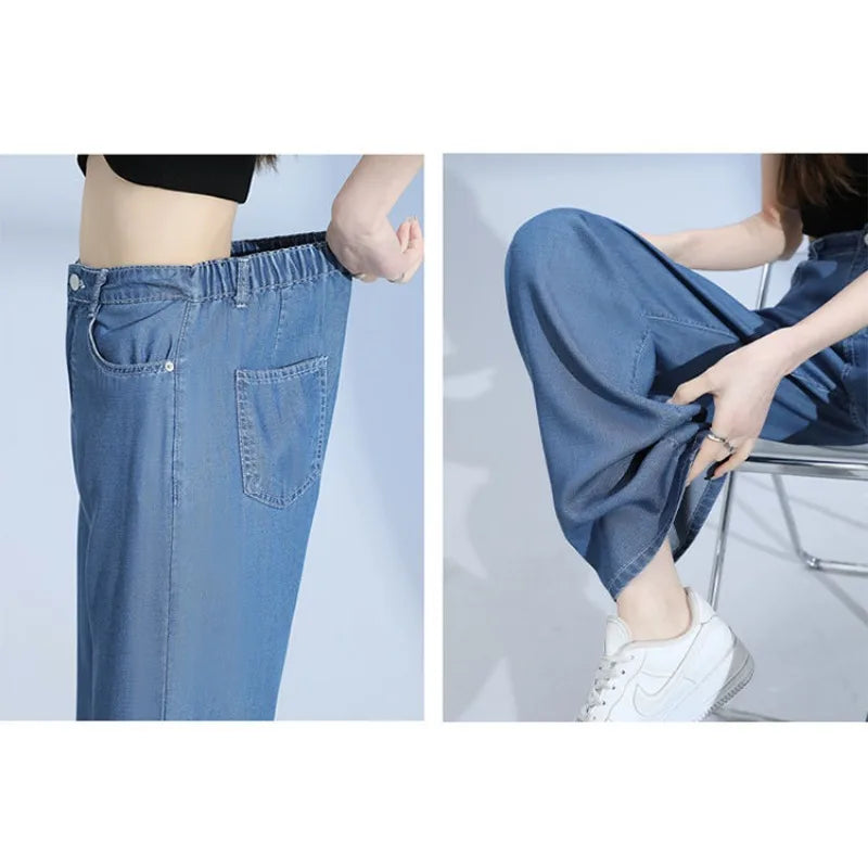 New Summer Thin Soft Women's Jeans Natural Lyocell Fabric Baggy Wide Leg Denim Pants Streetwear Loose Casual Female Clothing