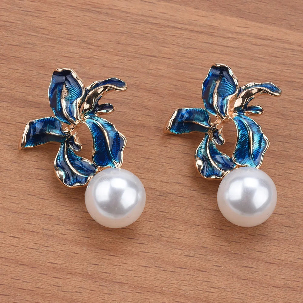 2024 New Fashion Blue Enamel Drip Oil Flower Shape Earrings Women Cute Faux Pearl Ball Dangle Earrings Indian Statement Jewelry