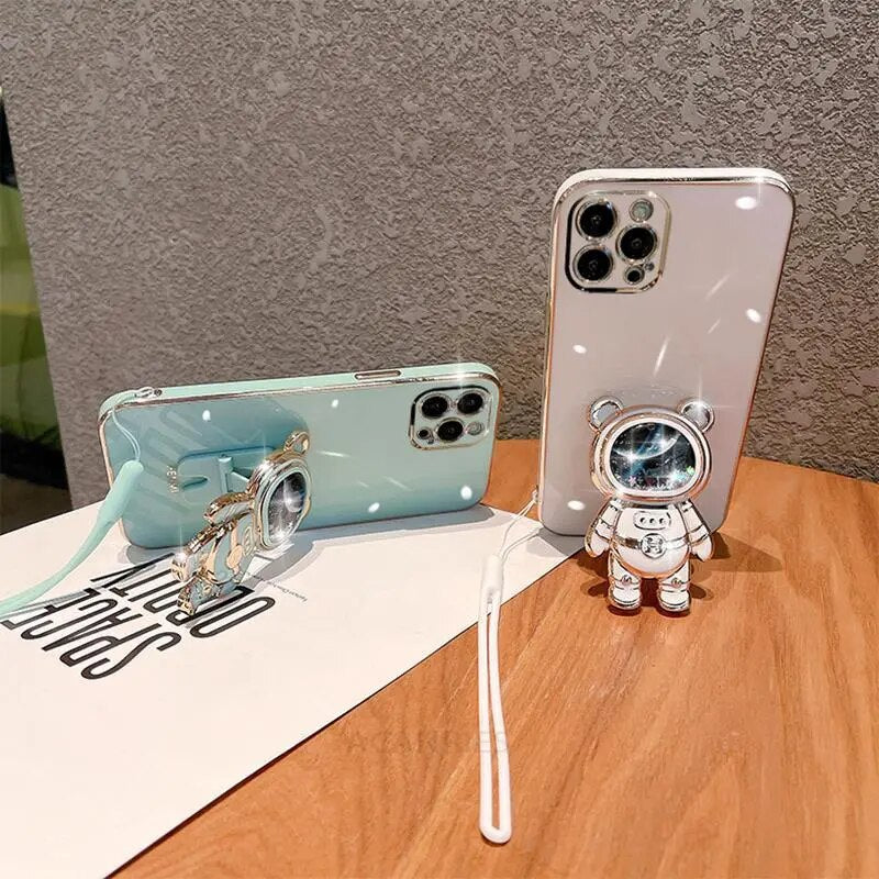 Astronaut Holder Plating Silicone Case For Iphone 14 13 11 12 Pro Xs Max Mini Xr X 6 7 8 Plus 14pro 13mini Lanyard Cover Se 2022