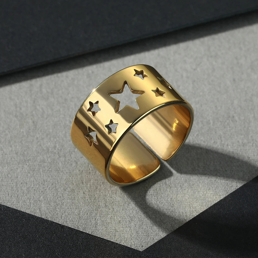 Kinitial April Stainless Steel Star Ring Women's Cutout Ring Broadband Ring Boyfriend Ring Stainless Steel Ring New Gifts