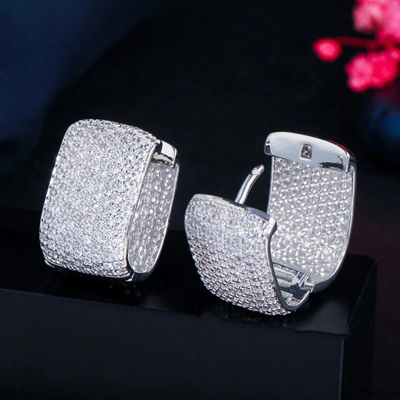 Huitan Full Cubic Zirconia Hoop Earrings for Women Bling Bling Temperament Female Ear Accessories Luxury Bridal Wedding Jewelry