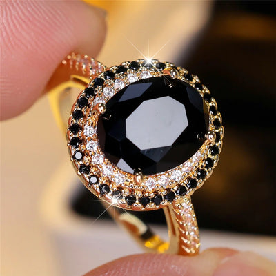 Luxury Black Zircon Stone Oval Rings For Women Vintage Rose Gold Silver Color Wedding Band Bridal Jewelry Engagement Gift