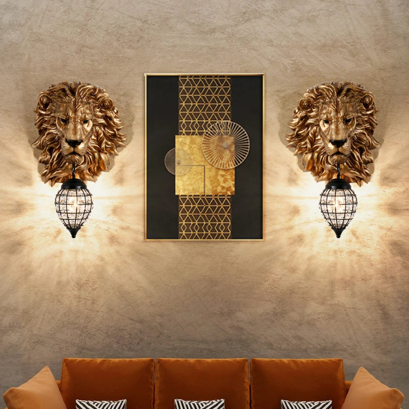 American Retro Lion Head Wall Lamp Resin led Wall Light Animal Home Decor Lamp Living Room Restaurant Hallway Lighting luminaria