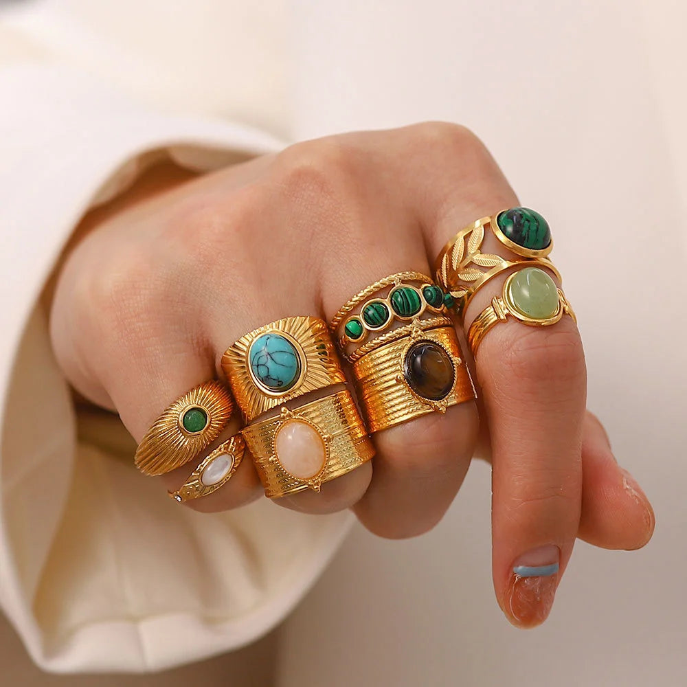 Elegant Stainless Steel Semi-precious Stone Open Rings For Woman Adjustable Geometry Opal Natural Stone Crystal Fine Jewelry