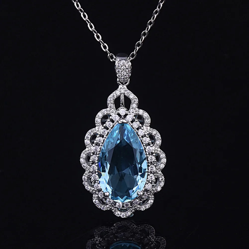 WOSIKATE Luxury Inlaid Navy Blue Topaz Water Drop Pendant Necklace For Women 925 Sterling Silver Fashion Chain Necklace Jewelry